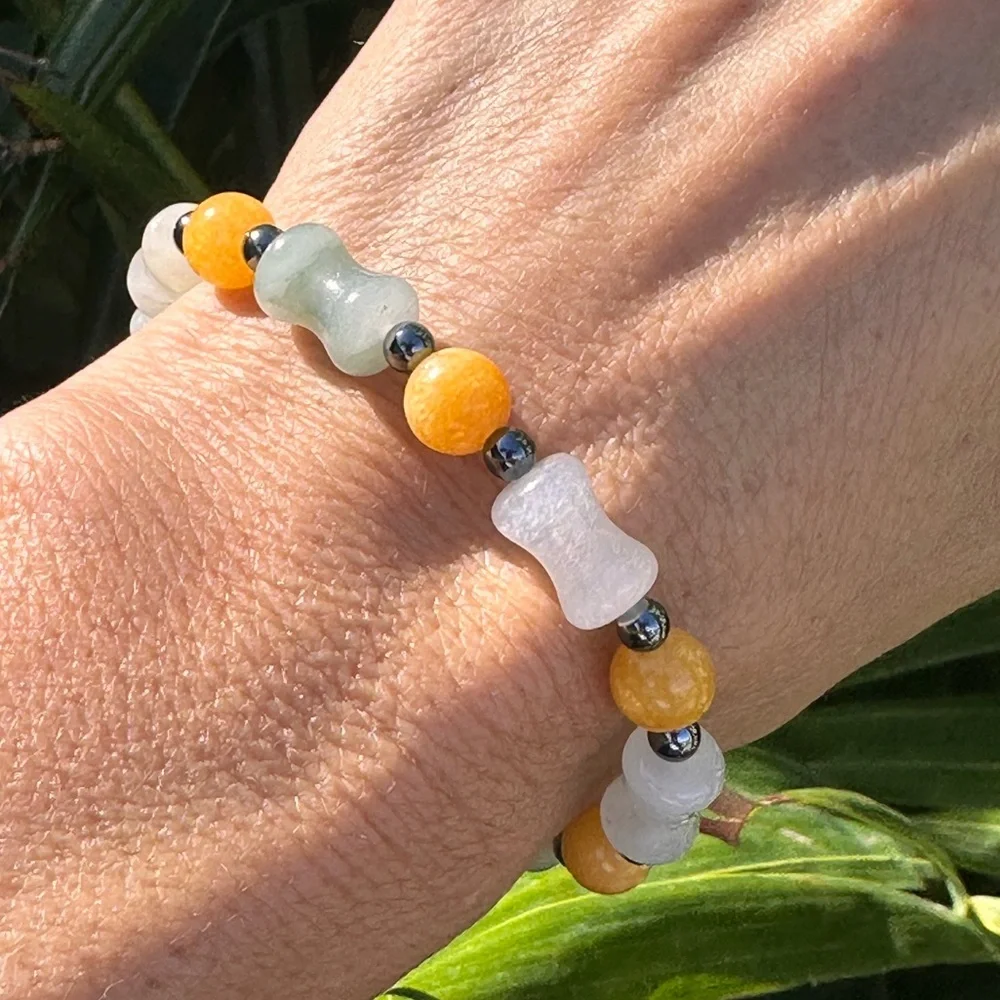 Handmade Beaded Bracelet Bamboo Round Yellow Jade Hematite Stone Stretch 7